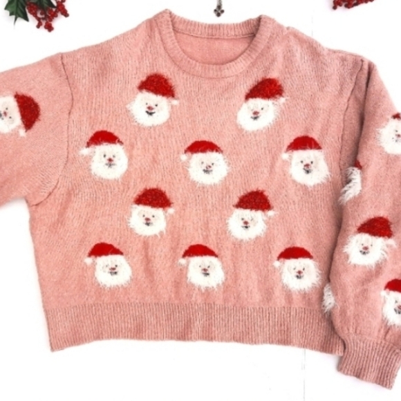 🎅 Christmas Sweater, Fuzzy Santas, Dusty Rose - Picture 1 of 7